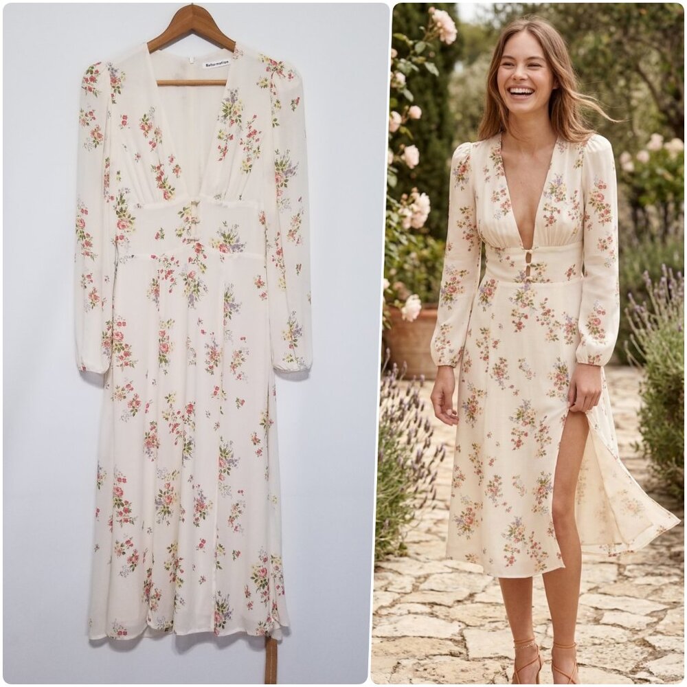NWT Reformation Lorne Midi Dress in Perfume (Ivory Floral) Size 0